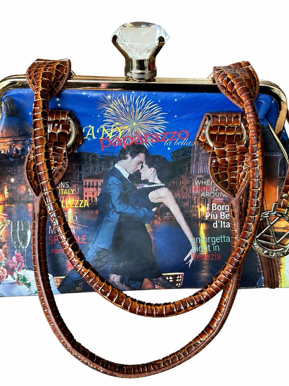 LANY Paparazzo Venice Satchel Handbag Crystal Clasp Rhinestone Large Y2K